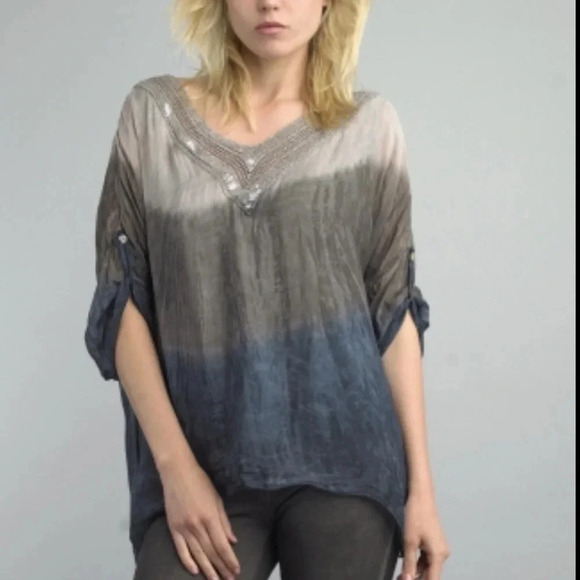 Saks Fifth Avenue Italy silk blouse tie dye tab sleeves crochet bohemian S - Picture 7 of 8